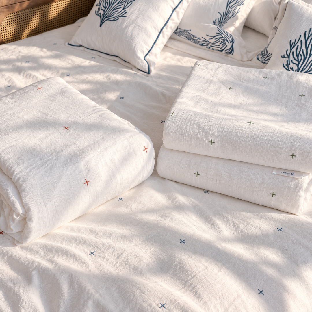 Set de Cama Costa Vivenda con Juego de Sábanas de algodón percal, Funda Duvet y Coverlet de lino y cojines decorativos bordados.