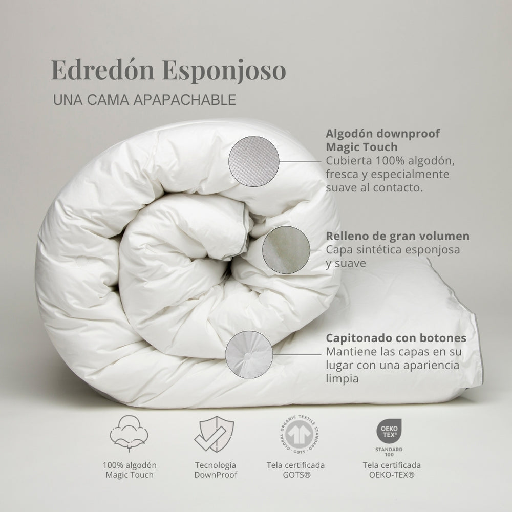 Infografía del Edredón Esponjoso Vivenda con algodón downproof Magic Touch, relleno alternativo de gran volumen y capitonado con botones.