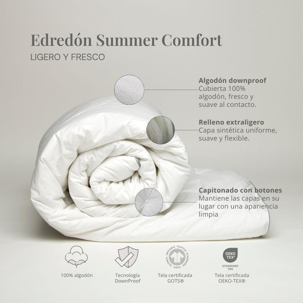 Infografía del Edredón Summer Comfort Vivenda con algodón downproof, relleno extraligero y capitonado discreto con botones.