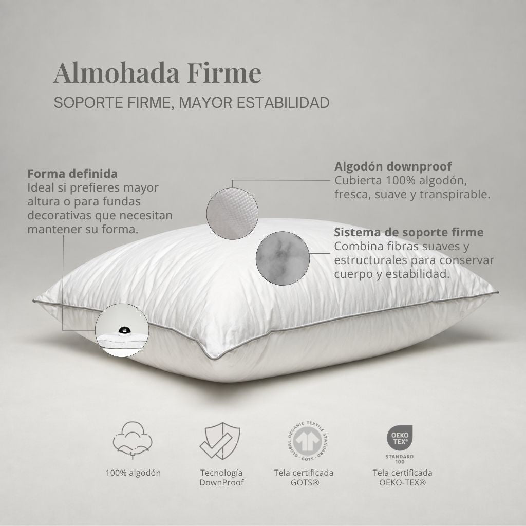 Infografía de la Almohada Firme Vivenda con cubierta de algodón downproof, mayor altura y soporte estable.
