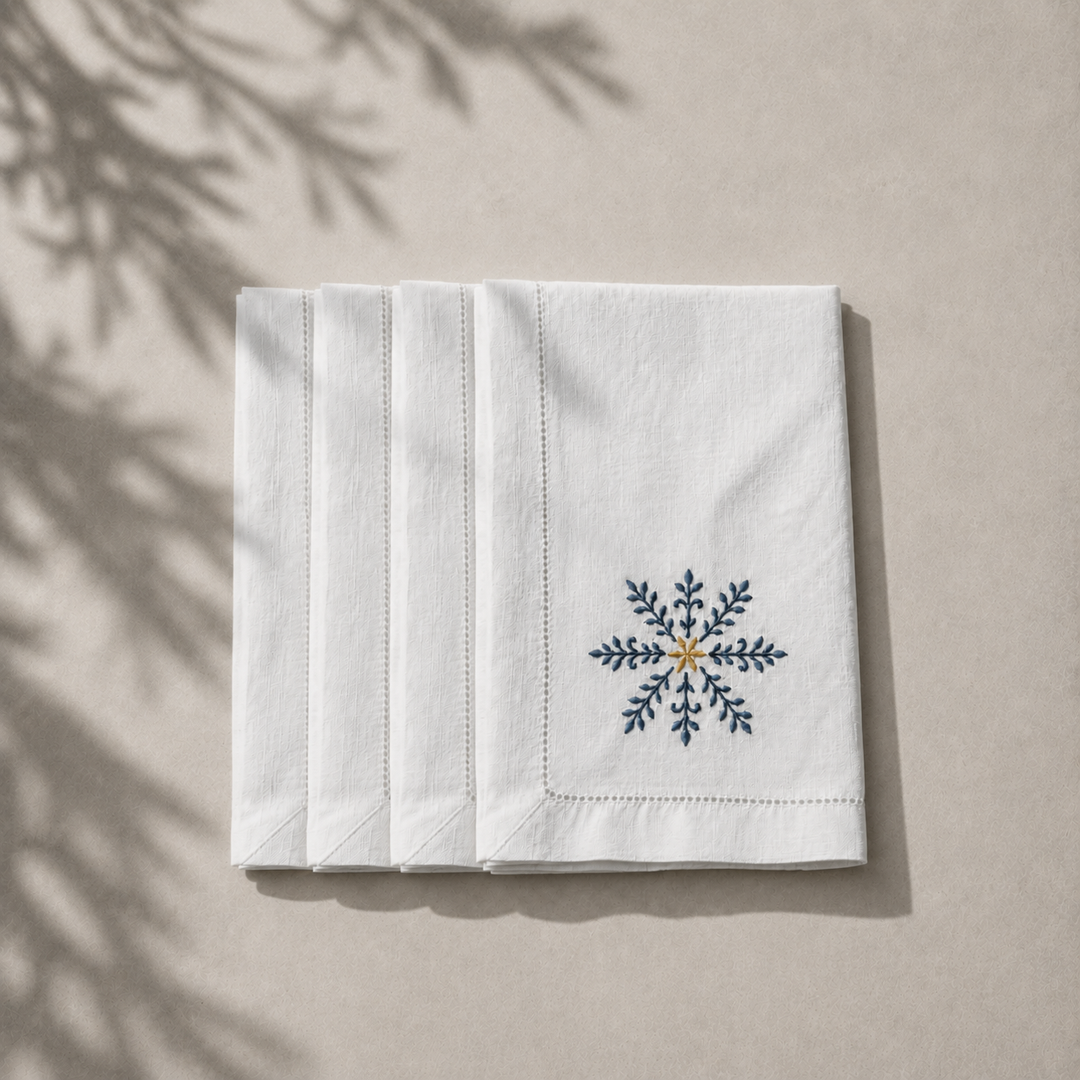 Pack 4 Servilletas Lino Blanco Bordado Navidad