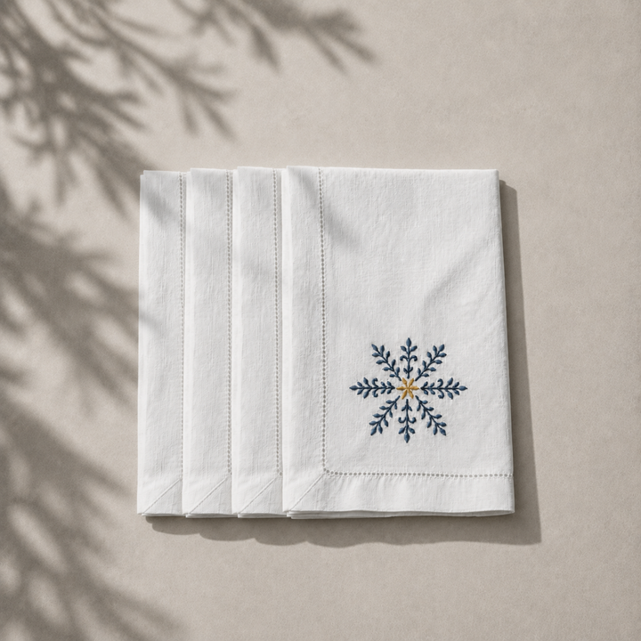 Pack 4 Servilletas Lino Blanco Bordado Navidad