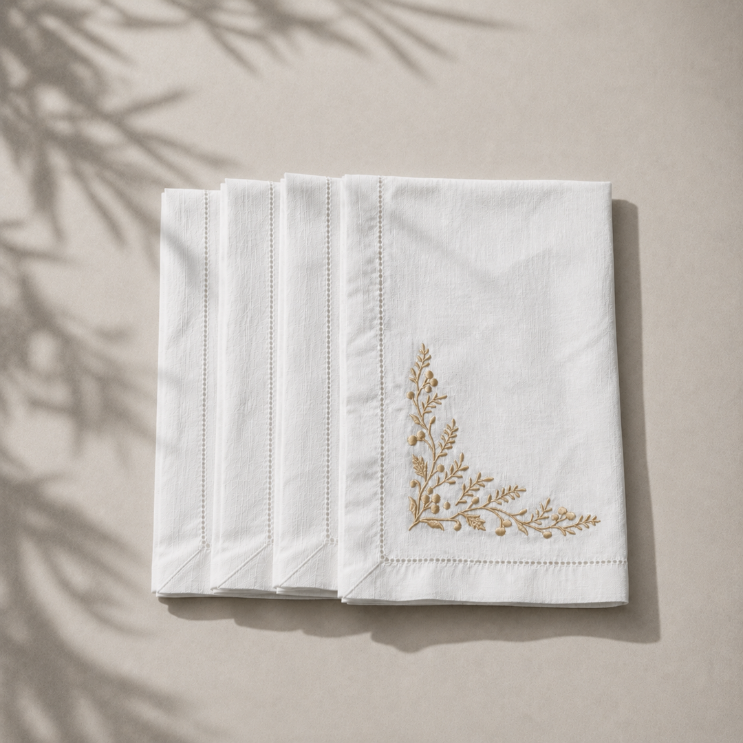 Pack 4 Servilletas Lino Blanco Bordado Navidad