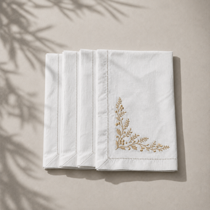 Pack 4 Servilletas Lino Blanco Bordado Navidad