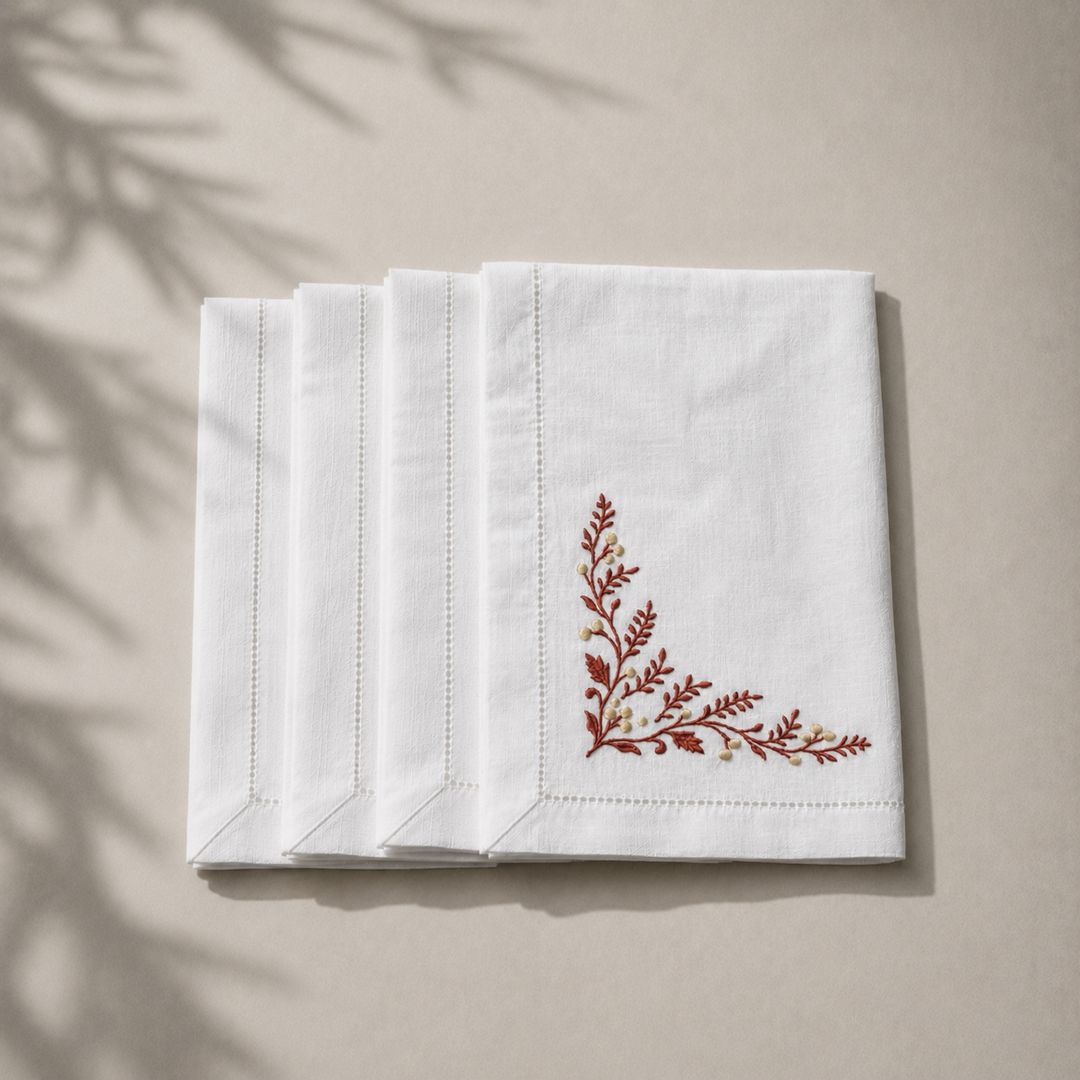 Pack 4 Servilletas Lino Blanco Bordado Navidad