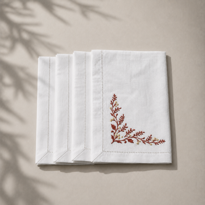 Pack 4 Servilletas Lino Blanco Bordado Navidad