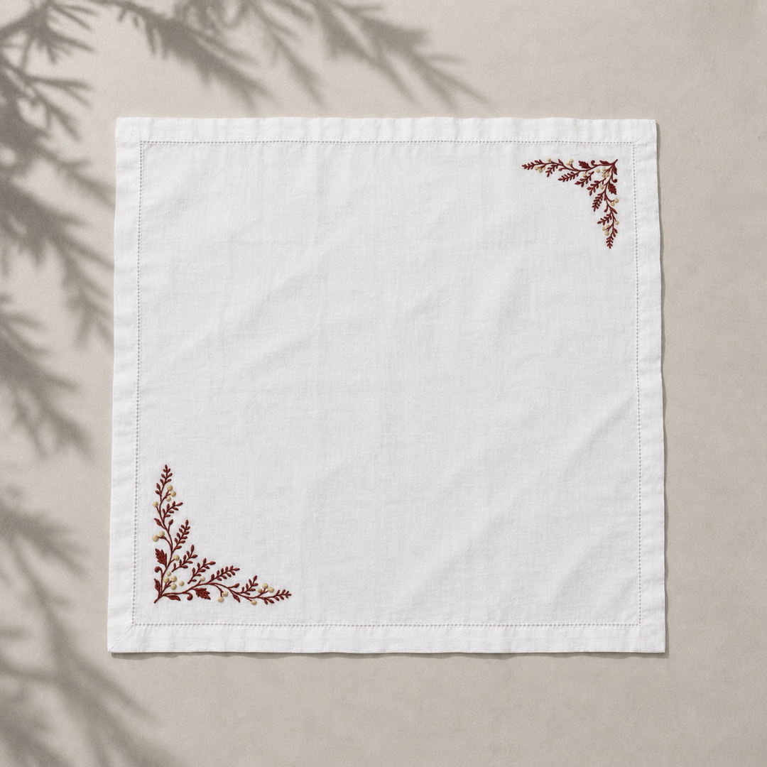 Pack 4 Servilletas Lino Blanco Bordado Navidad