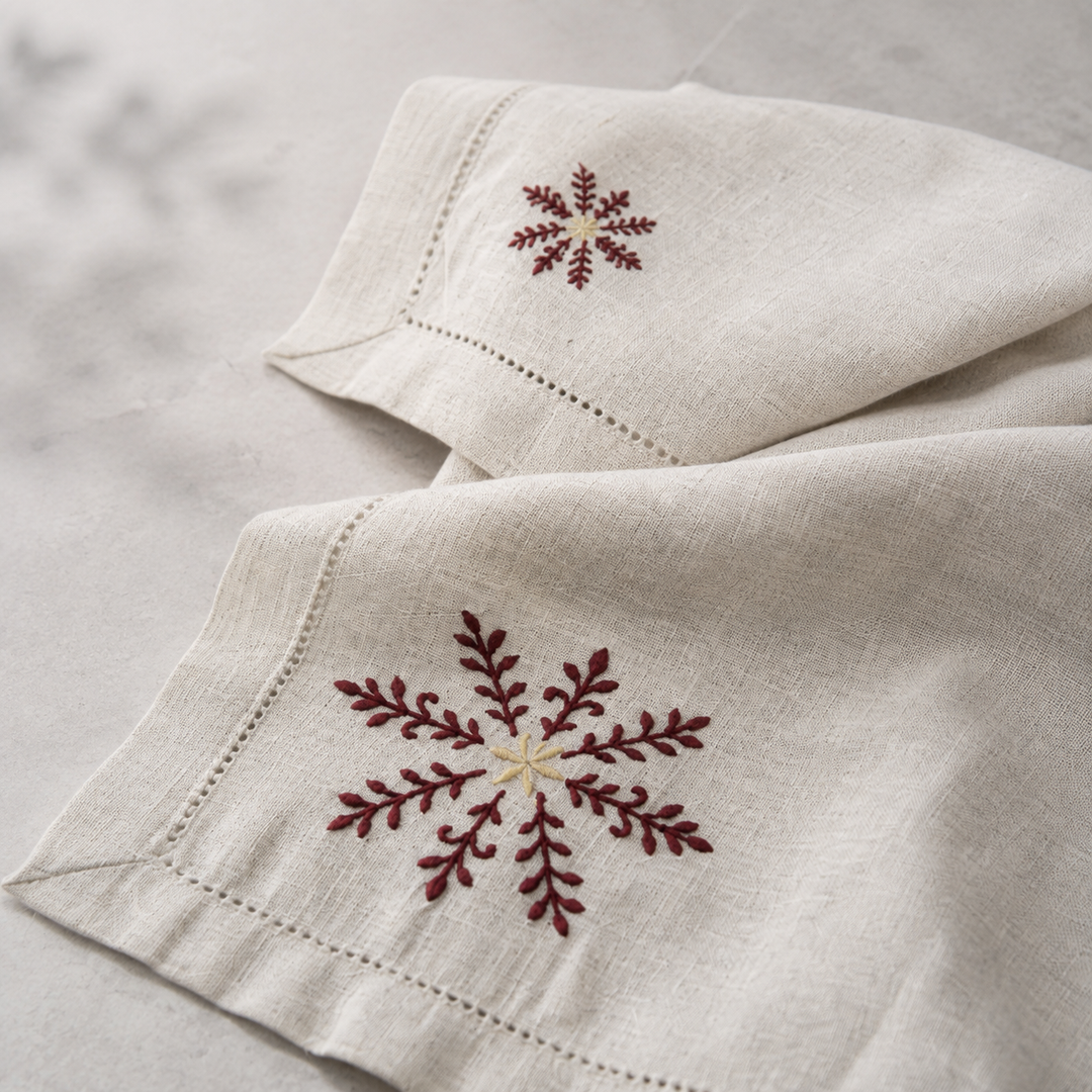 Pack 4 Servilletas Lino Natural Bordado Navidad