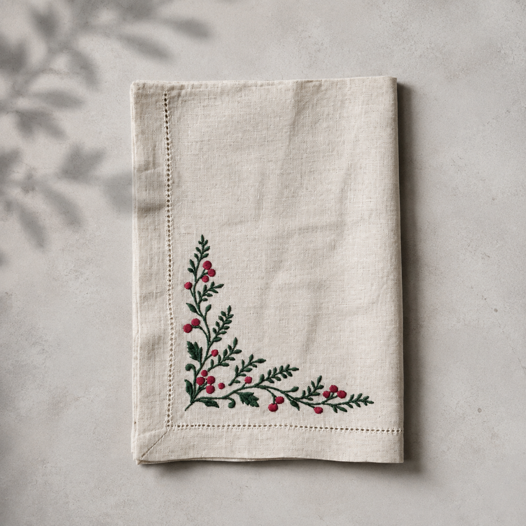 Pack 4 Servilletas Lino Natural Bordado Navidad