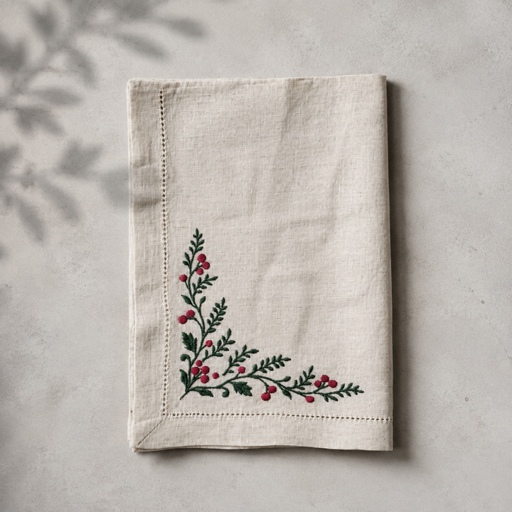 Pack 4 Servilletas Lino Natural Bordado Navidad