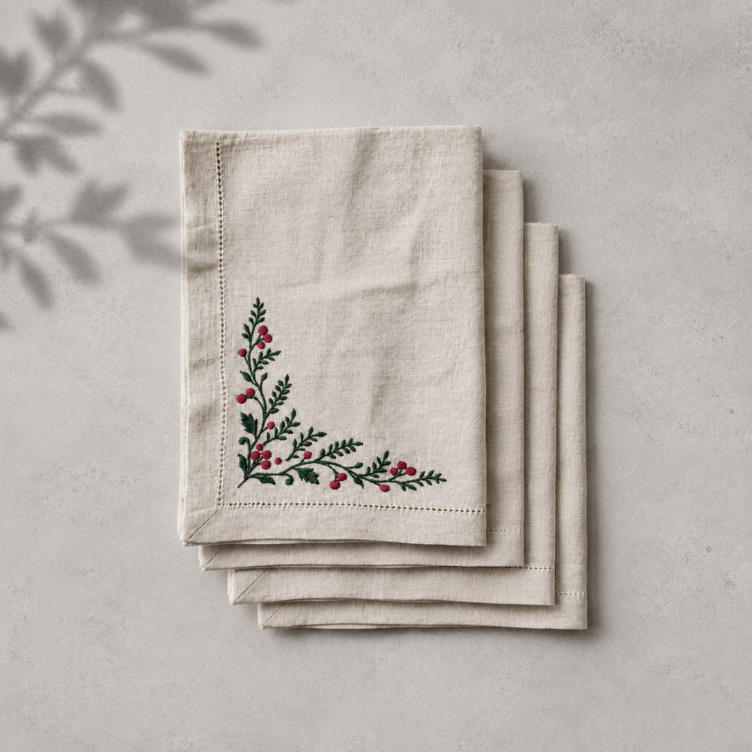 Pack 4 Servilletas Lino Natural Bordado Navidad