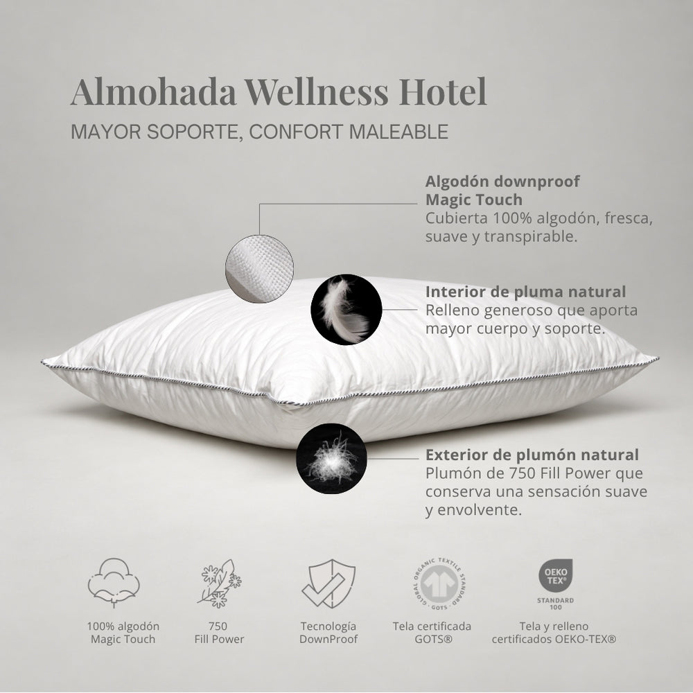 Almohada Wellness Hotel Vivenda de pluma y plumón natural, con mayor altura, soporte y cubierta de algodón downproof Magic Touch.