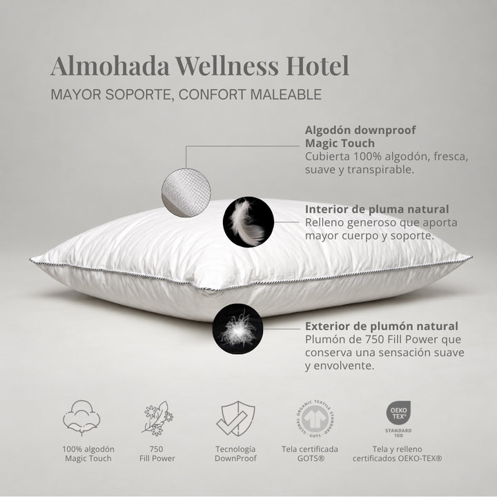Almohada Wellness Hotel Vivenda de pluma y plumón natural, con mayor altura, soporte y cubierta de algodón downproof Magic Touch.