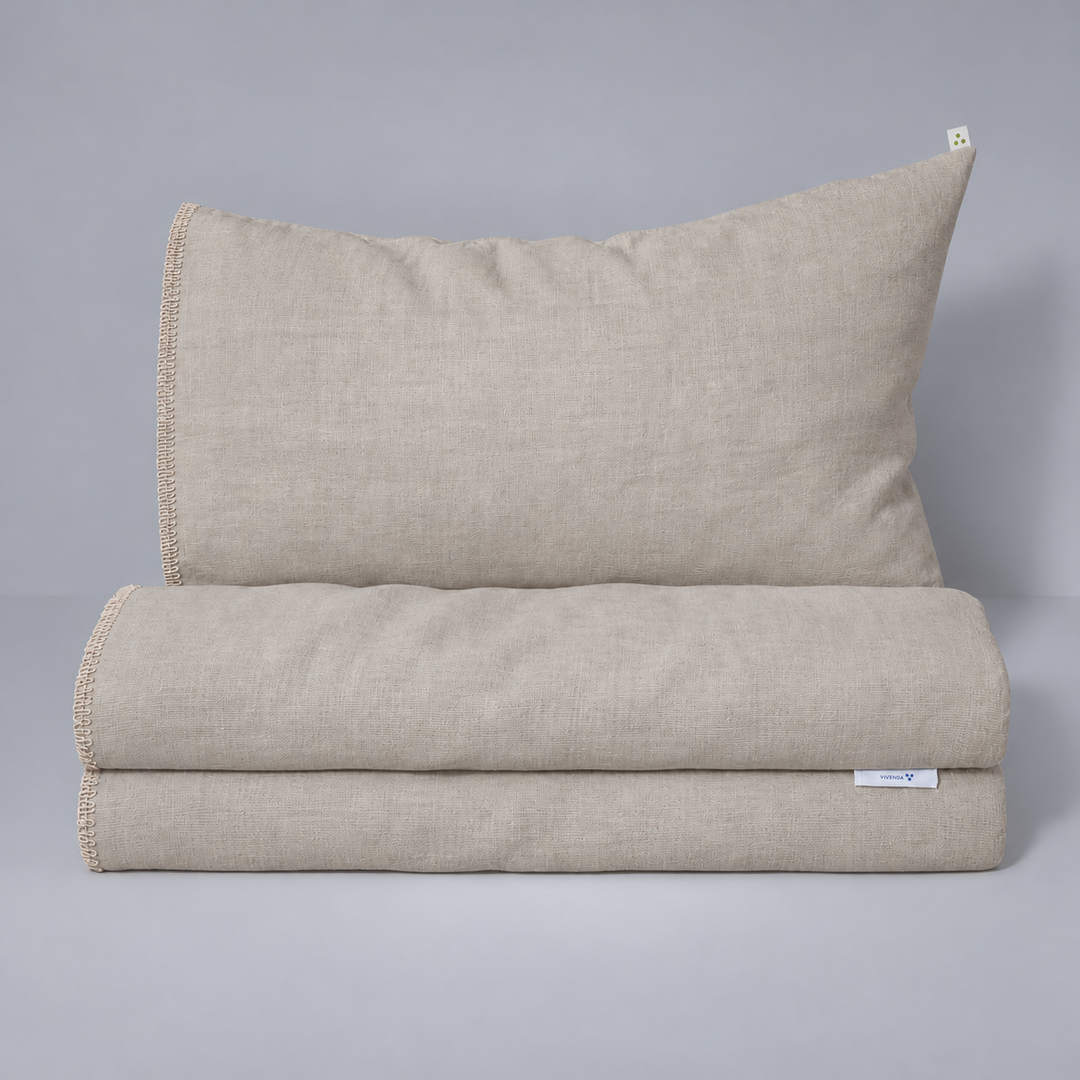 Funda duvet Origen Natural de lino con borde orlado y funda de almohada.